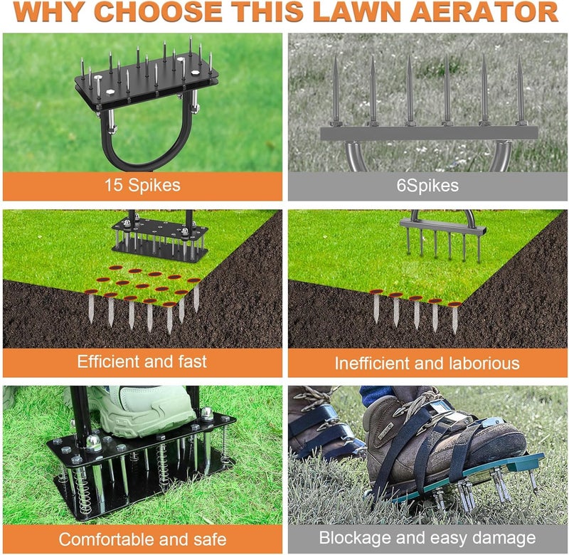 GAINO Lawn Aerator & Aerator Lawn Tool - Manual Yard Aerator for Lawn with 15 Spikes, Automatic Dirt and Leaf Clean Design, Adjustable T-Handle, Pre-Assembled Lawn Aerator Tools (Black + Orange) - Image 4